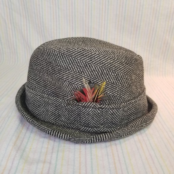 1950s 1960s Resistol Snap-Back Tweed Fedora Hat Black White Feathers Vtg Trilby - Picture 2 of 10